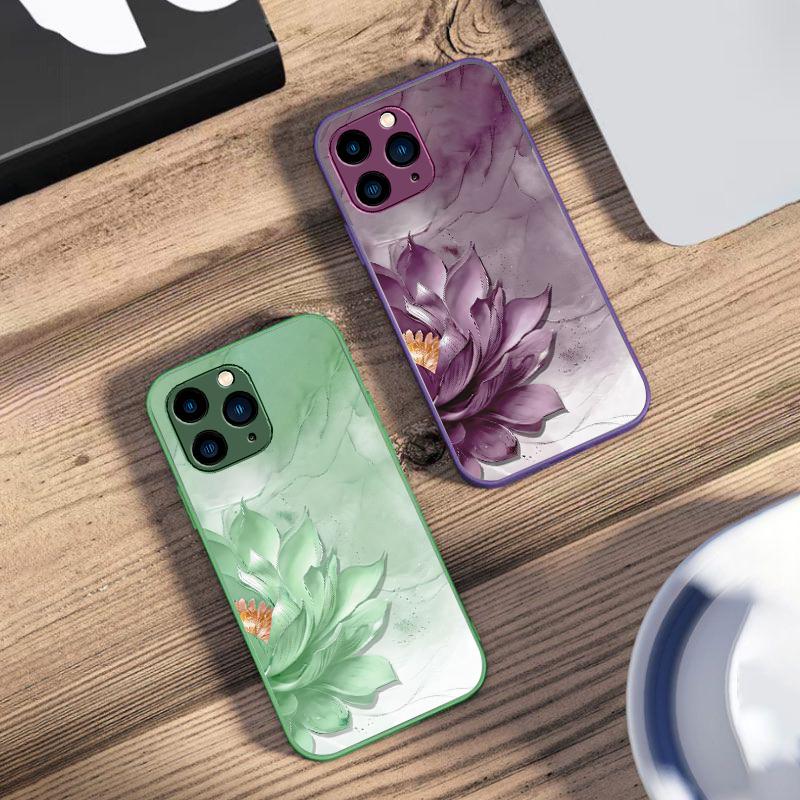 Side Lotus White For IPhone 16 Pro Max 15 Pro 14 13 12 Mini 11 XS Max XR 7 8 Plu SE 2022 Tempered Glass Phone Case