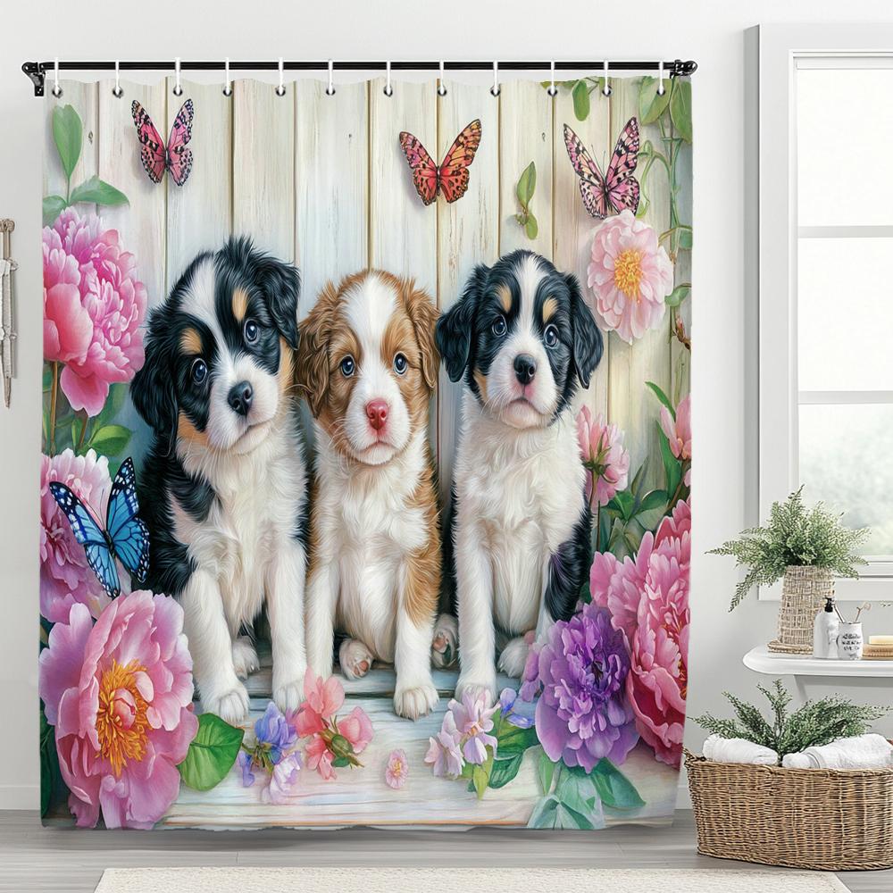 

3D Printed Cute Puppies Shower Curtain Lovely Cartoon Animal Bathroom Decorative Curtain, Printed Home Curtain With 12 Hooks W60H190(CM)-1 Pcs