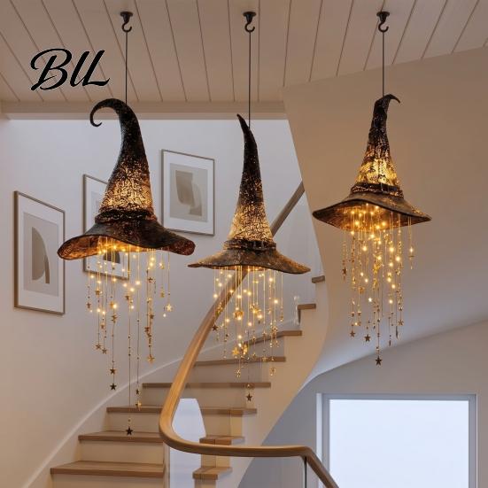 Decorazione Cappello da Strega Illuminato 2 Pezzi Campanella Appesa in Rete Nera Luminosa, Lampada Scintillante Decorazioni per Eventi Festivi con Stelle a Cascata per Finestra