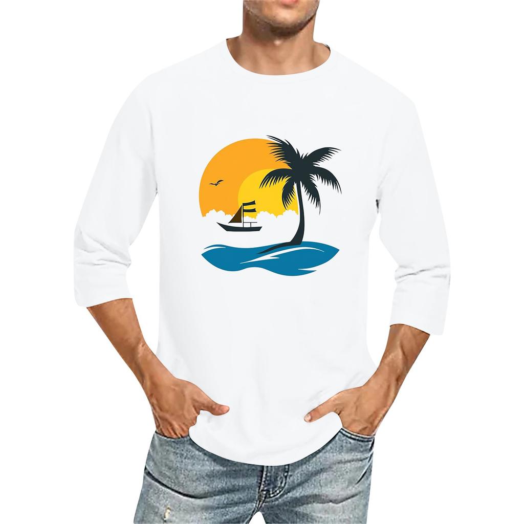 Jednobarevné pánské tričko s kulatým výstřihem a tříčtvrtečním rukávem