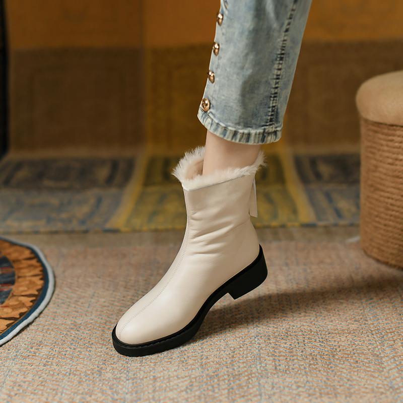 2024 Nya Äkta Läder Tjock Päls Snöstövlar Dam Vinterskor Rund Tå Dragkedja Fyrkantiga Låga Klackar Vardagsskor Dam Ankelstövlar
