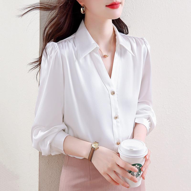 Spring New Style Satin Long-sleeved Ol Professional Shirt Polo Neck Commuting White Shirt Top Women's Trendy