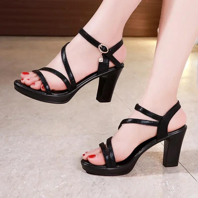 

8cm 10cm Small Size 32-43 Elegant Soft Leather Sandals Platform Shoes 2025 Bandage Block High Heels Gladiator Sandals Model 43