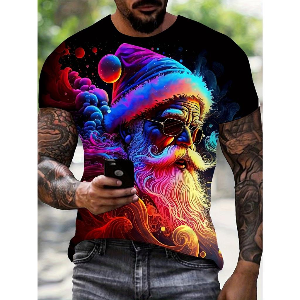 Weihnachtselement T-Shirt für Herren Lustiger Weihnachtsmann 3D-Druck Kurzarm T-Shirt Sommer Casual Rundhals Oversized Herrenbekleidung Top