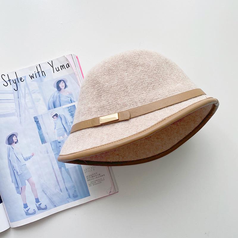 Top Hat Women's Warm Bucket Hat Autumn and Winter Retro Wool Woolen Temperament Basin Hat Front Length and Back Short Brim