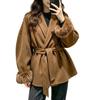 Women S Short Wool Coat With Tie Solid Color Long Sleeve French Style