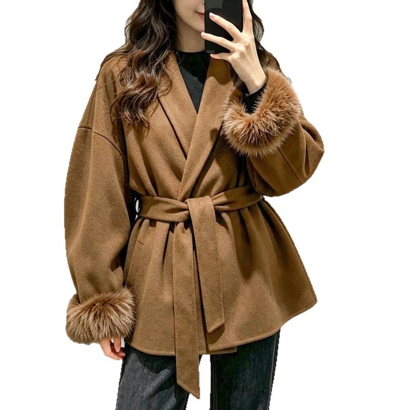 Women S Short Wool Coat With Tie Solid Color Long Sleeve French Style