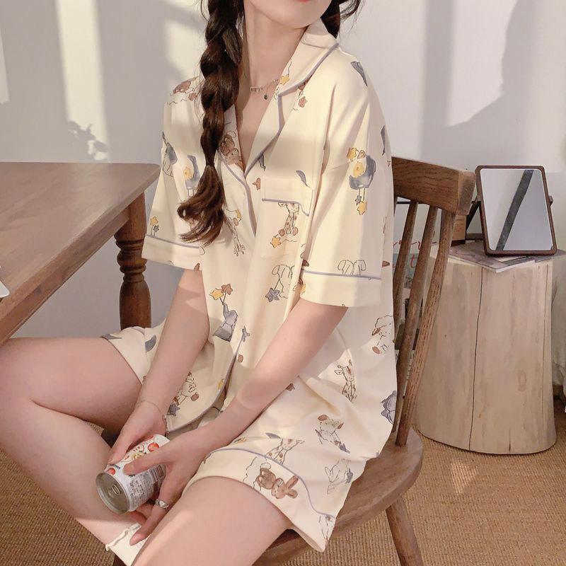 Japanese-style Unprinted Style Summer Fresh Cotton Pajamas Women's Short Sleeves 1011 New Loose Outer Loungewear Suit