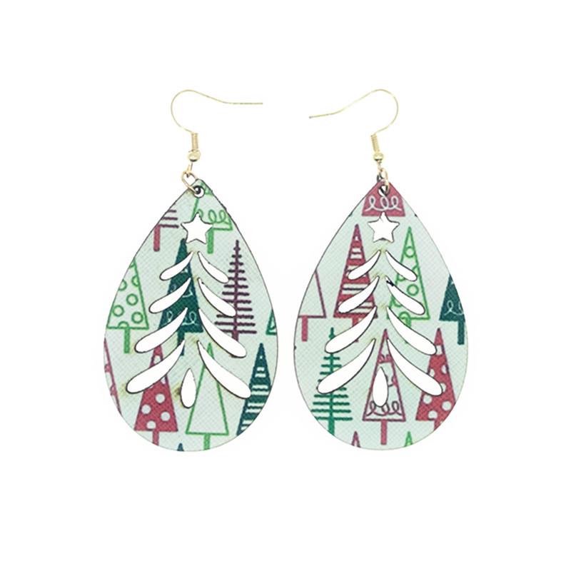 

Christmas Tree Teardrop Wooden Leather Earrings