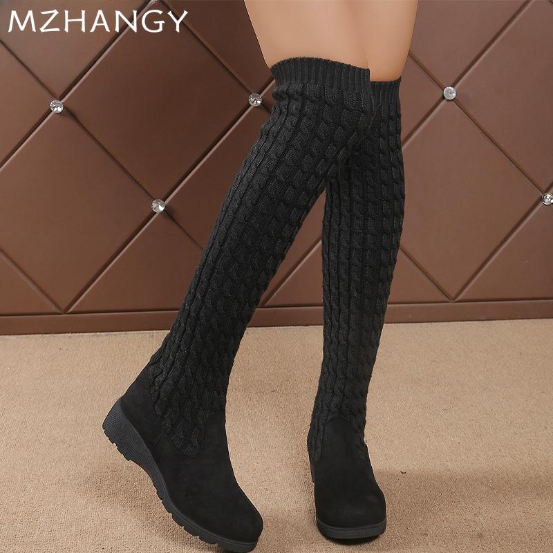 Fashion Women Wedges High Boots Mid Heels Over The Knee Knitting Shoes Woman 2025 Trend Winter Fashion Classic Sock Boots Mujer Botas