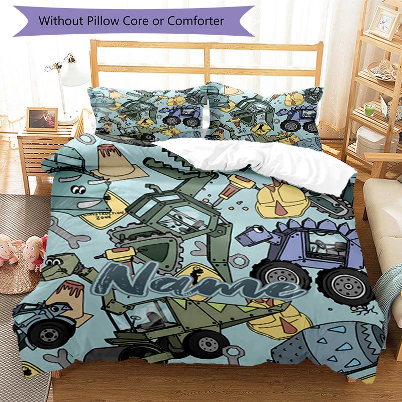 3pcs Custom Name Cute Cars Bedding Set Duvet Cover Closure Includes 1 Duvet Cover & 2 Pillowcases, Soft and Comfortable for All Seasons.