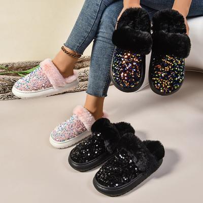 Damen Hausschuhe mit Futter aus Kunstfell und rutschfester Sohle - Glitzernde Hausschuhe mit geschlossener Spitze für drinnen, warme, winterliche, gemütliche Memory-Foam-Hausschuhe für Damen