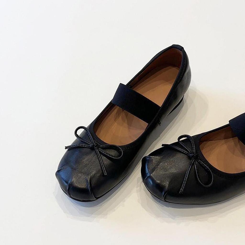 Sheepskin version~ retro bow ballet shoes women's niche one-word thick heel single shoes round head shallow mouth Mary Jane shoes