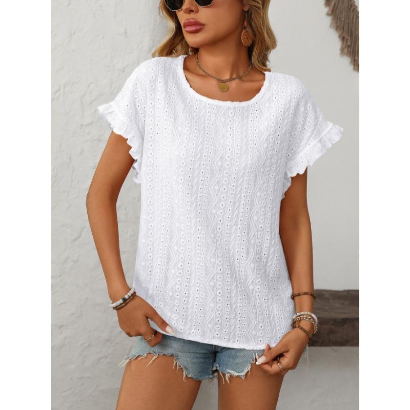 Sweet Short Sleeve Hollow Out Women T-shirt Summer New Solid Color Round Neck Top Casual Loose Sweet Ruffled Office Ladies Shirts Elegant Fashion