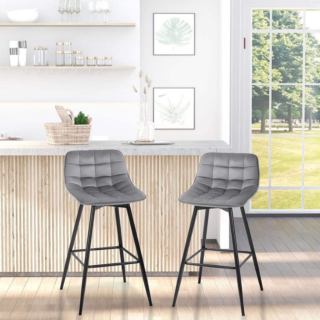 Set of 2 Tall Stools In Nordic Style with Backrest and Footrest, Stools with Backrest In Velvet Effect Fabric and Metal, 45x47x88 Cm, Grey