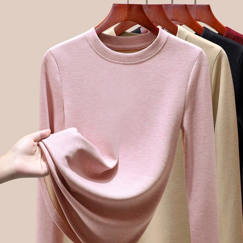 Silk Warm Fleece Heating and Thermal Underwear Women's Inner Fleece Autumn Clothes Single-piece Top Wool Bottoming Shirt Winter