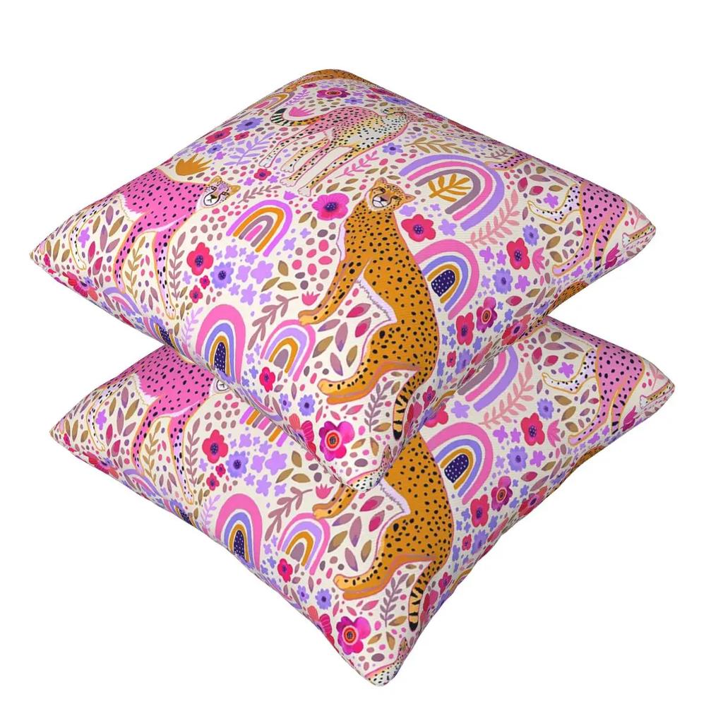 Cheetah’S In A Rainbow Garden 2 Pcs Square Pillowcase Pillow Cover Cushion Zip Decorative Comfort Throw Pillow For Home Car