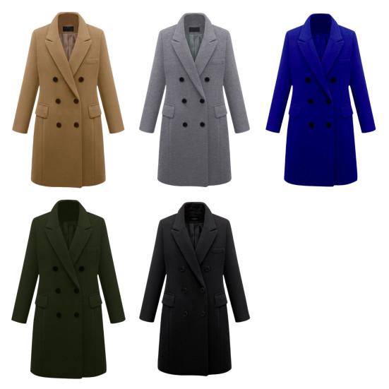 Women Winter Coat Double-breasted Turn-down Collar Long Sleeves Outerwear Thick Warm Pockets Solid Color Office Casual Party Overcoat