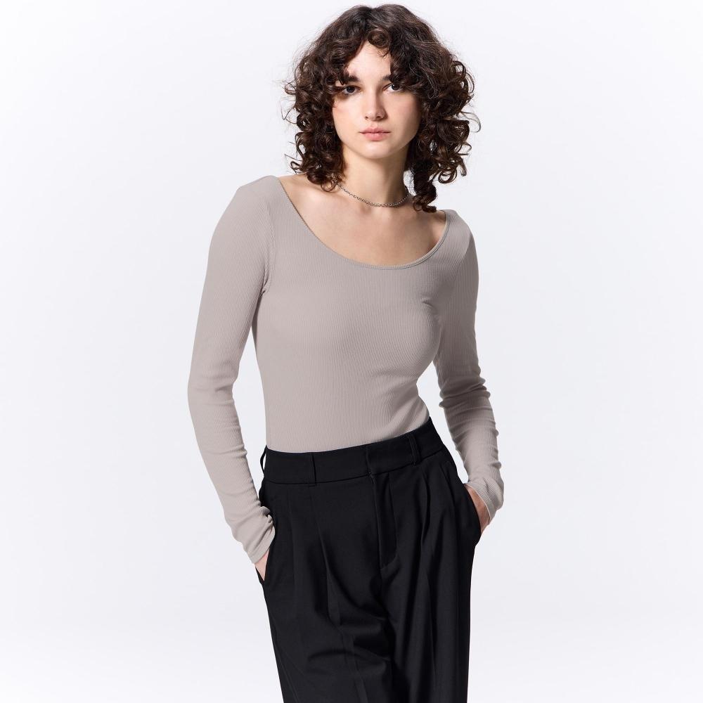 

GU by Uniqlo Эластичный ребристый боди с U-образным вырезом, длинный рукав, теплый +X