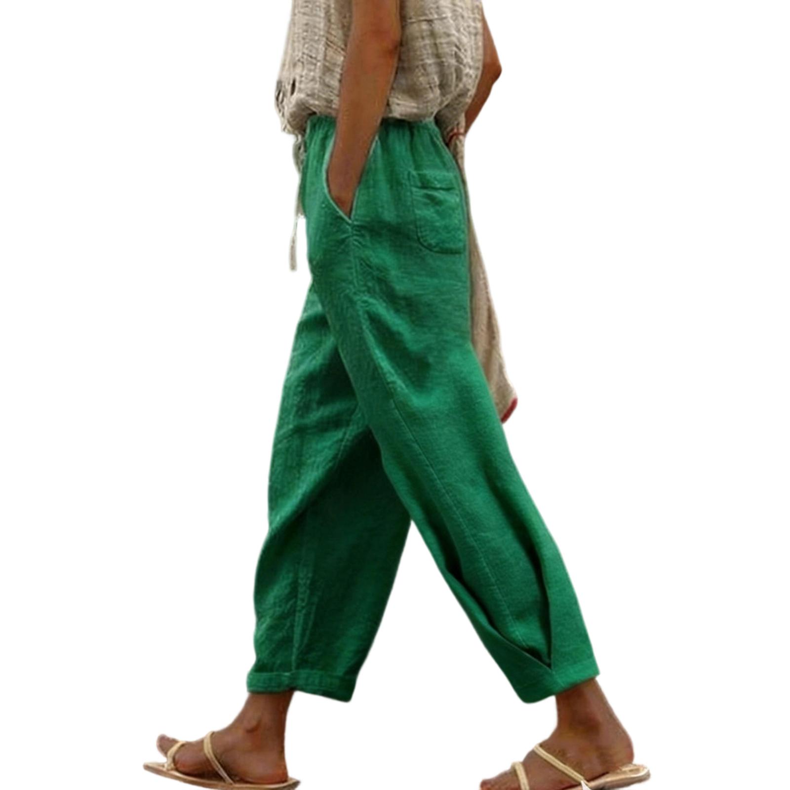 

Women s Cotton And Linen Color Fashionable Casual Everyday Pants With Side Pockets, Drawstring, And Elastic Waist. XXXL зелений