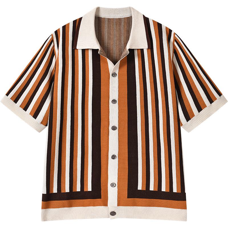Men s Retro Striped Knit Short Sleeve Polo Cardigan S коричневый