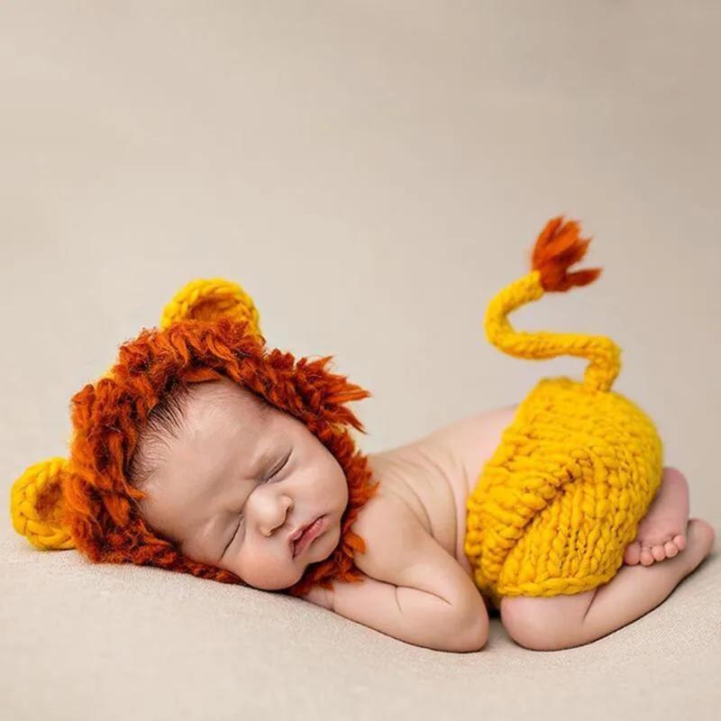 2pcs/set Newborn Photography Props Baby Costume Set Lion Animal Crochet Knit Handmade Pants Hat Baby Lion Suit Fotografia
