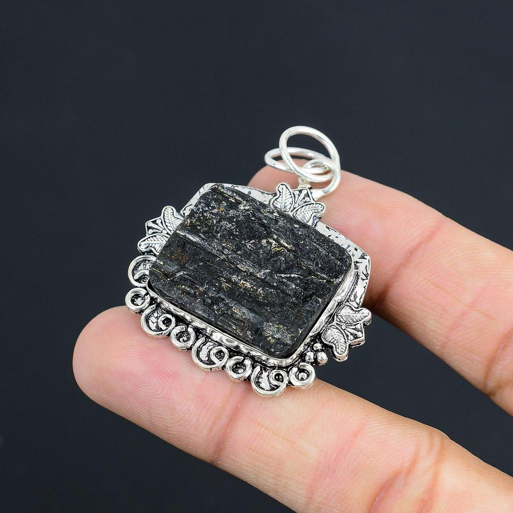 Natural Black Tourmaline Rough Gemstone Pendant 925 Sterling Silver For Women