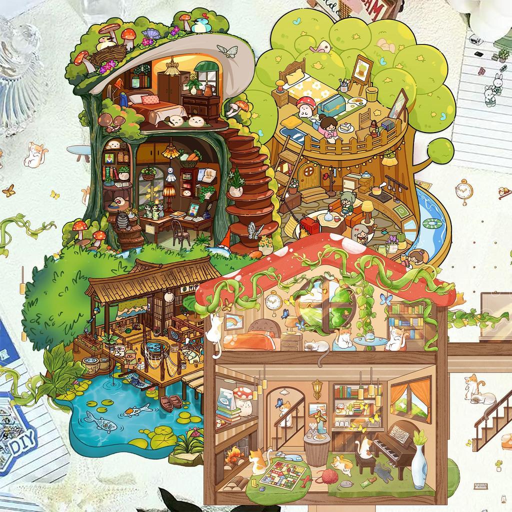 Cartoon Landscape Sticker Cat House Scene 3D Three-dimensional House Unzip DIY Scene Handbook Sticker