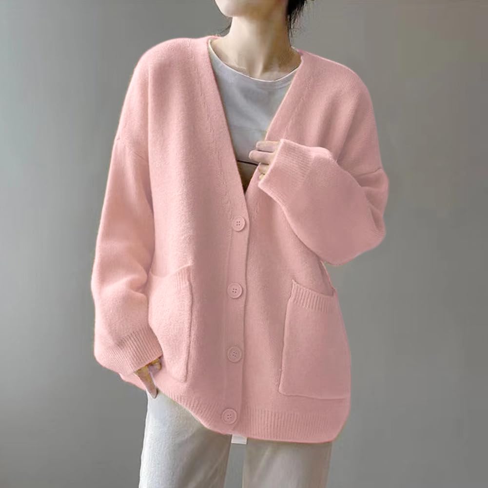 Bidason Knit Long Button Soft and Loose Medium Perfect for Everyday and Spring Women's Cardigan, V-Neck, Sleeves, Front, Pockets, Warm, Stretchy, Fit,