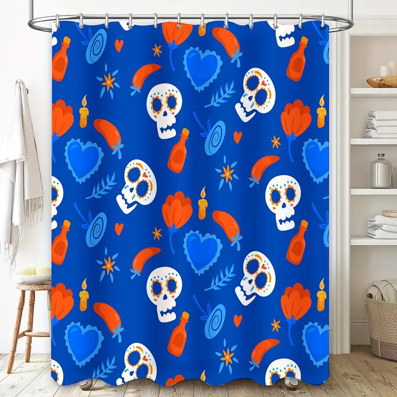 Blue Waterproof Fabric Shower Curtain With Skull Flower Print For Home Decoration Bathroom Accessories