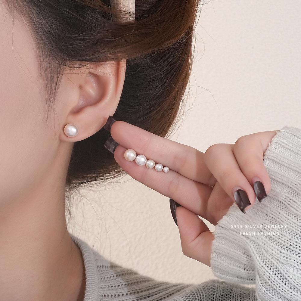 French Luxury Natural Freshwater Pearl 999 Sterling Silver Earrings for Women Simple Exquisite Wedding Jewelry