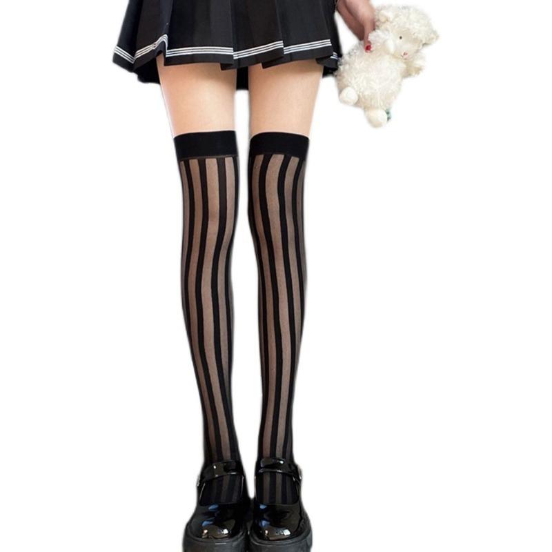 Women Over Knee Thigh High Socks Long Tube Leg Warmers Stocking Dark Vertical Stripe Leggings Sock