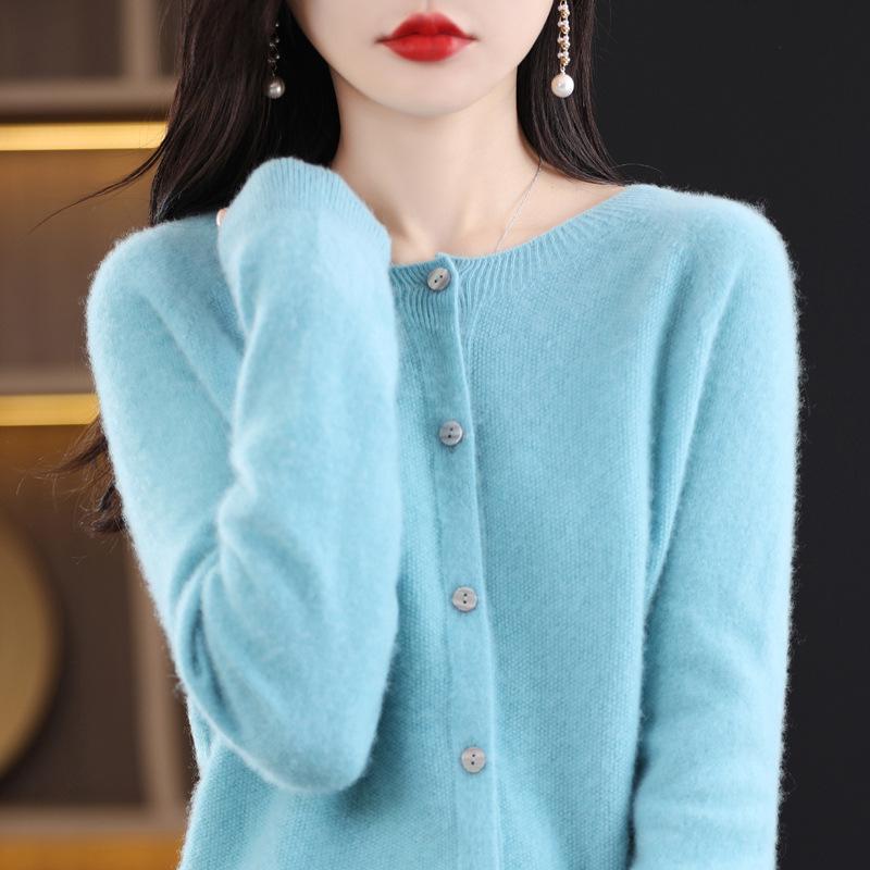Women's Round Neck Pure Wool Cardigan - Versatile Loose Fit Solid Color Sweater for Spring and Autumn