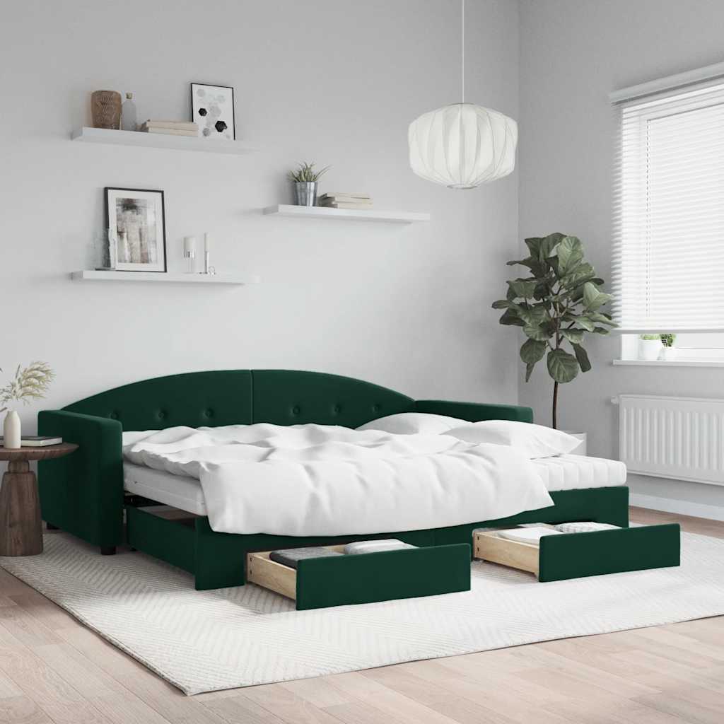 Extendable Daybed with Drawers Dark Green 90x200 Cm Velvet