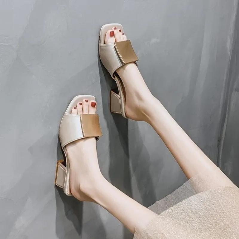 Fashion Outside Square Toe Shoes for Women Chic and Elegant Woman Slippers Small Size Korea Style Sandals Vip On Offer Stylish 39 Slides