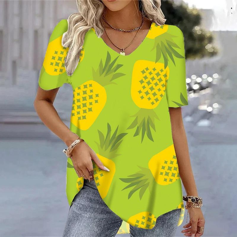 

Летняя Милая Ананасовая Свежая 3D Цифровая Печать Свободная Повседневная Женская Футболка Топ с V-образным вырезом и короткими рукавами L