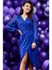 Asymmetrical Sequin Dress with Wrap Neckline and Long Sleeves, Cobalt Blue XL