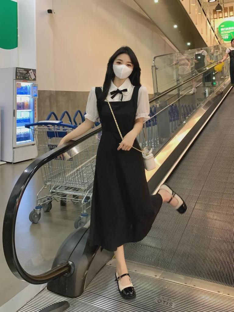 Women's Large French College Style Black Two-Piece Polo Dress - Waist Slimming A-Line Summer Skirt