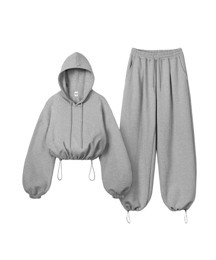[Set] String Oversized Crop Hoodie + Single-Pleat Wide Pants - Melange