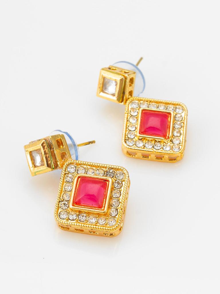 Gold-Plated Pink Stone-Studded & Beaded Handcrafted Mangalsutra Set