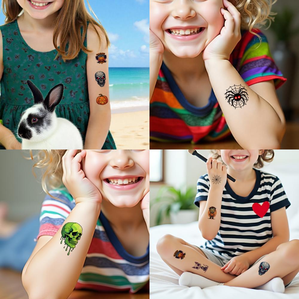 54 Stück Temporäre Tattoos Dekorative Aufkleber Wasserdicht Langlebige Körperaufkleber Halloween-Aufkleber Cartoon Für Frauen Männer
