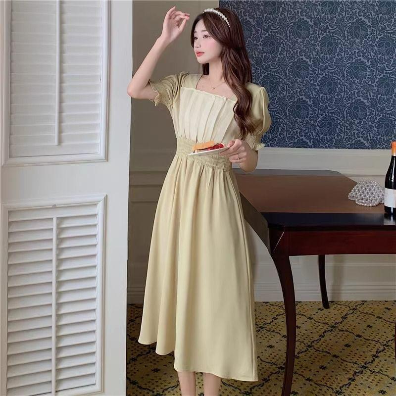 Square collar summer dress sweet first love coffee break French dress Platycodon retro design sensual dress women's clothing