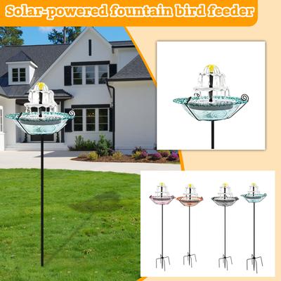 Outdoor Solar Fountain Bird Feeder Glass Bird Bath with Metal Stake Stand Upgraded Water Pump System Garden Water Feature Solar Powered