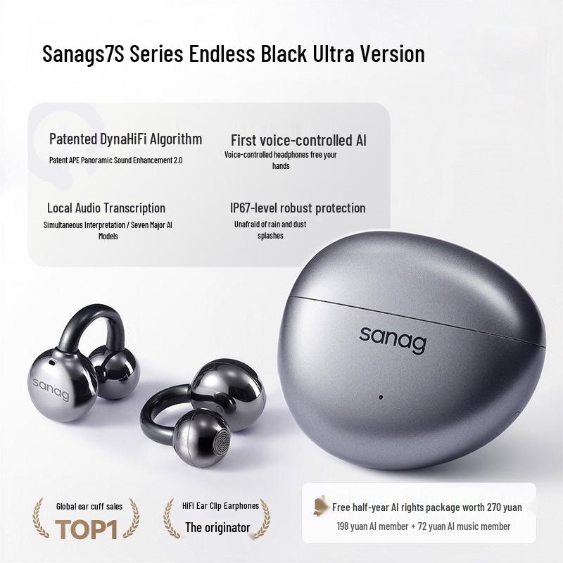 Sanag S7S Bluetooth Ear Clip Earphones with AI Translation and Air Conduction for 2025 Sports - Open, Not In-Ear Design