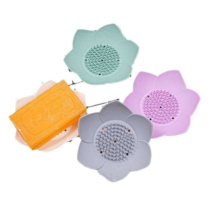 Lotus Shape Silicone Soap Dish, Non Slip Draining Soap Tray Portable Bathroom Soap Holder Daily Wash Accessories