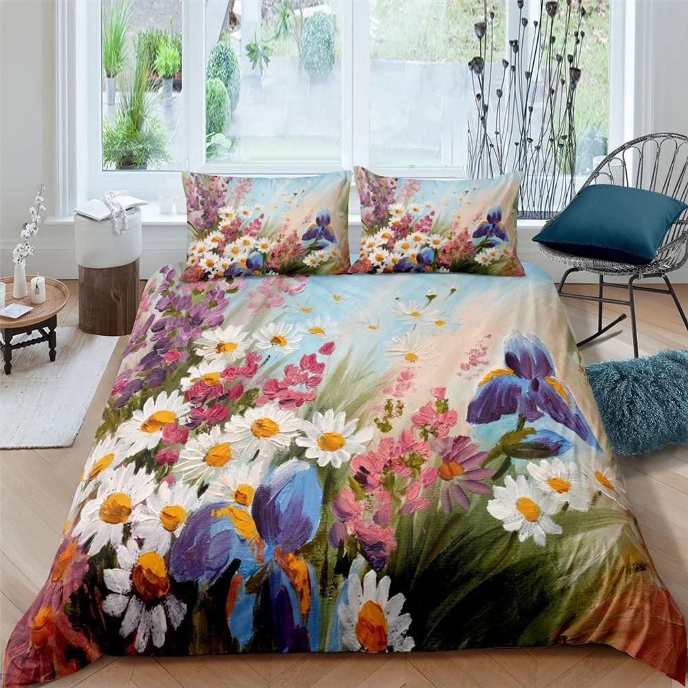 Pintura a óleo Flores Impressão Digital Conjuntos de Cama de Poliéster Roupas de Cama para Adultos Colcha Arte Capa de Edredom Conjunto Solteiro King Queen Size