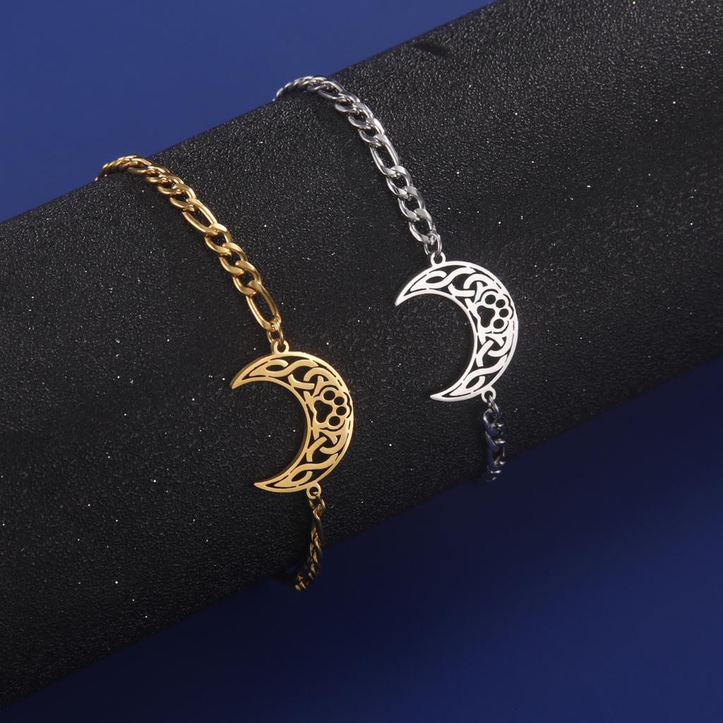 Cat Paw Charm Crescent Moon Bracelets for Women Figaro Box Chain Bracelet Celtic Knot Amulet Stainless Steel Trendy Jewelry Gift