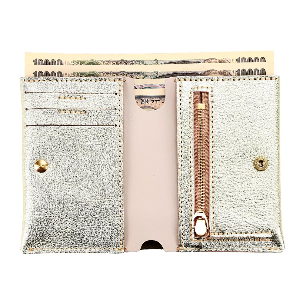 AGILITY affa „Vibret Bifold Wallet“ - Stilvolle Mini-Geldbörse, echtes Leder, Gold und Silber, hergestellt in Japan für Damen.