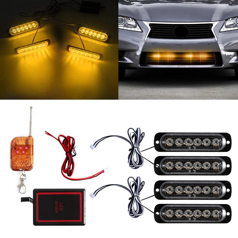 4PCS Grill Car LED Light Strobe Red Blue Emergency Remote Wireless Control Flash Signal Fireman Beacon Warning Lamp Yellow White