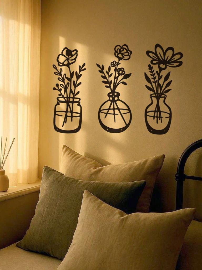 1-3 Pcs Modern Black Metal Flower Wall Art With Vase, Minimalist Waterproof Decor